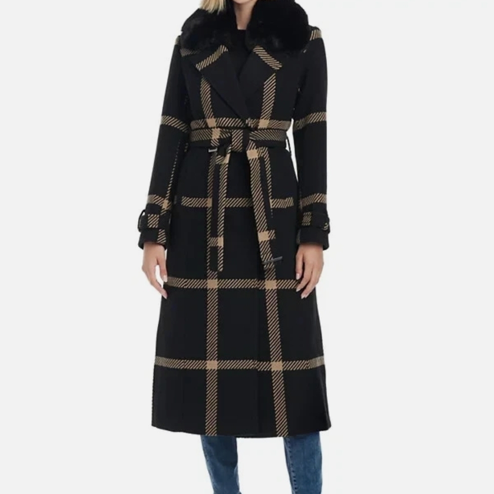 Vince Camuto Black and Tan Checkered Coat